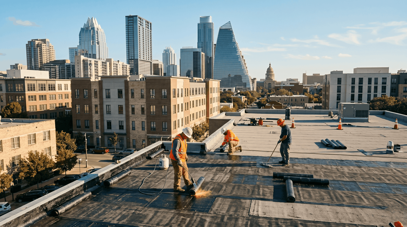 Commercial roofing Tyler TX, Tyler Commercial Roofing crew installing TPO membrane on a Tyler commercial building